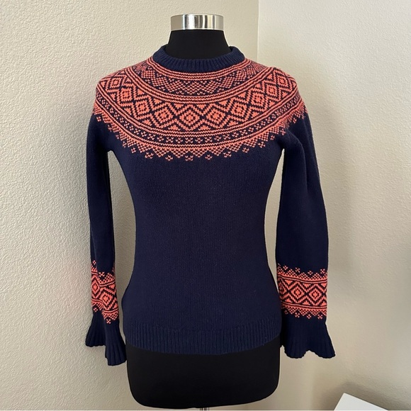 J. Crew Fair Isle Nordic Ruffle Sleeve Orange Navy Merino Wool Sweater Size XS - Picture 3 of 12